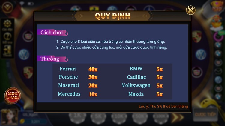 Luật chơi game siêu xe DWIN68